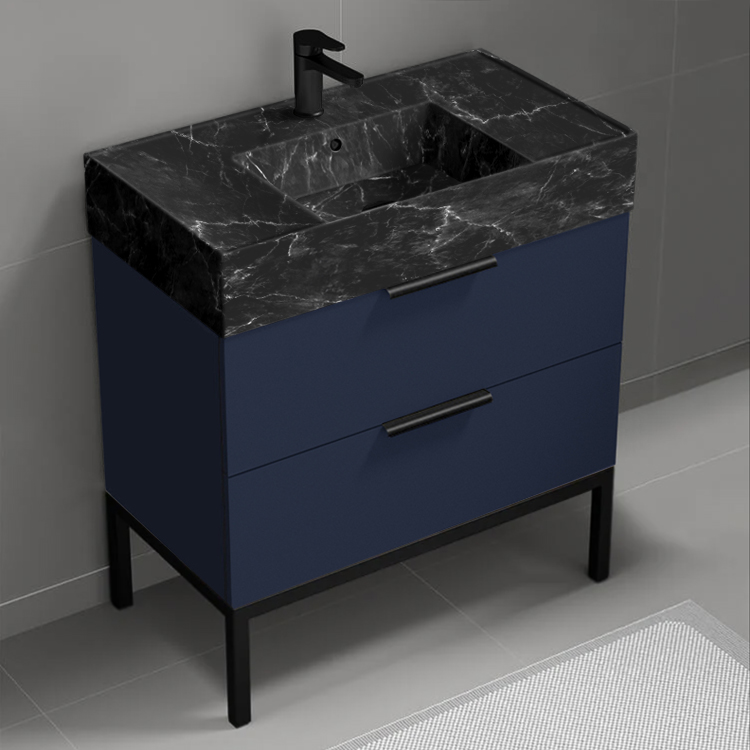 Nameeks DERIN870 Blue Bathroom Vanity With Black Marble Design Sink, Modern, Free Standing, 32 Inch